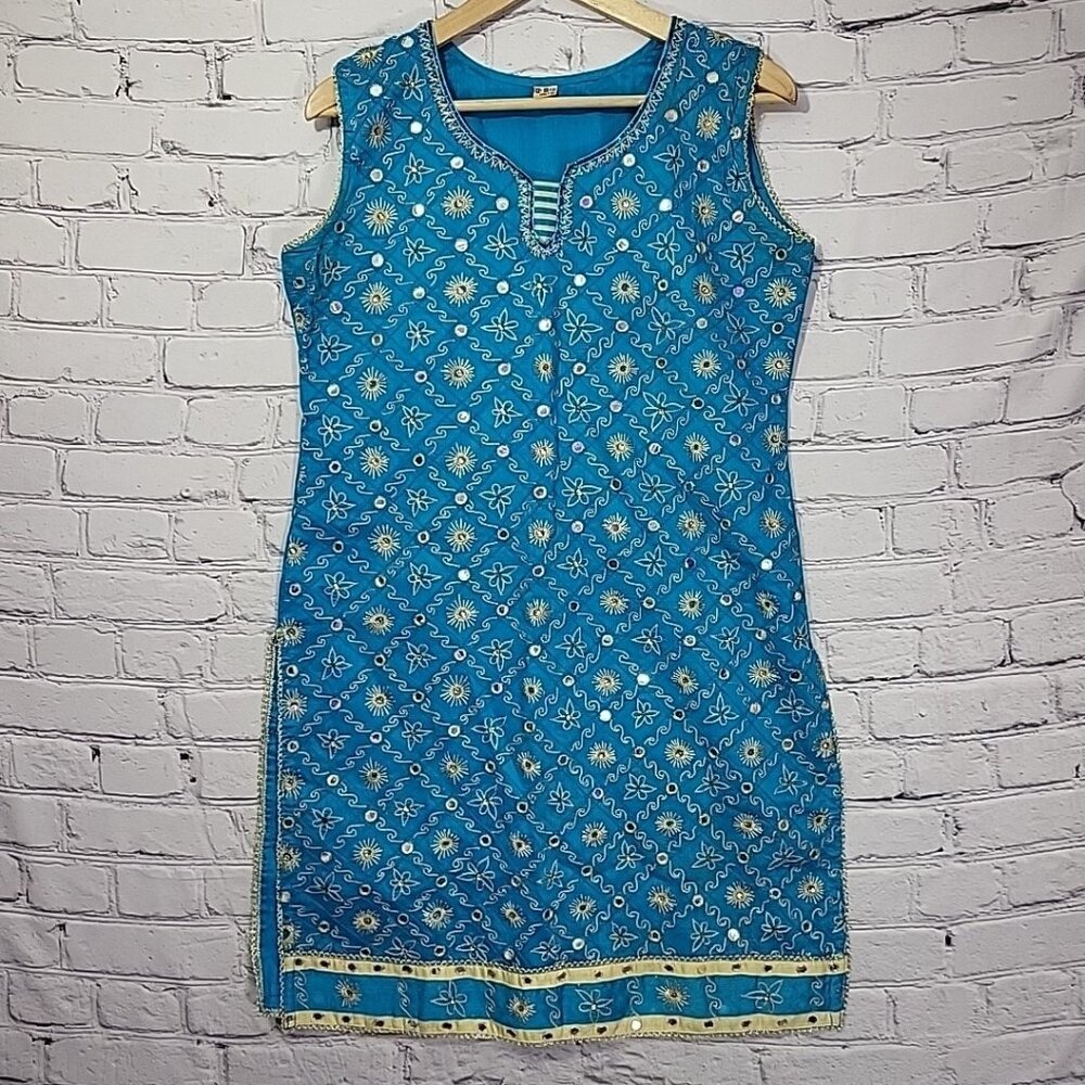 Vintage Bollywood Style Dress Womens M Blue Sleeveless Embroidered Sparkle Tunic
